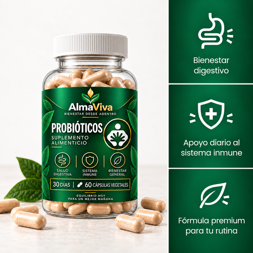 Frasco de AlmaViva, suplemento alimenticio probiótico 3 en 1, 60 cápsulas vegetales para 30 días