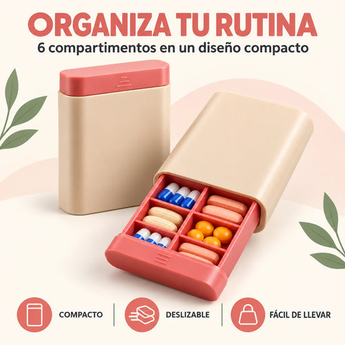Pastillero compacto de 6 compartimentos con bandeja deslizable