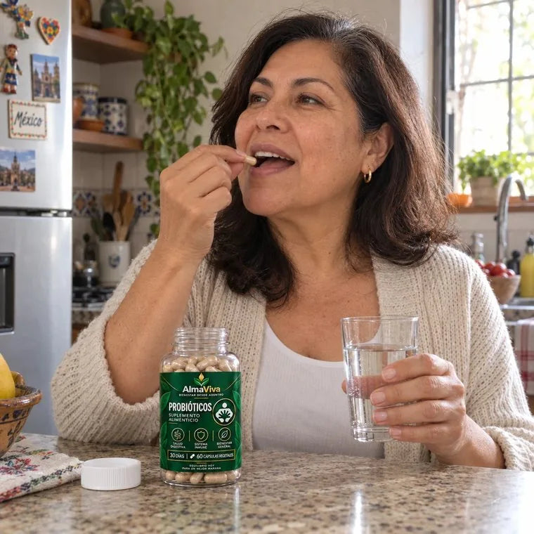 Mujer tomando una cápsula de AlmaViva con un vaso de agua